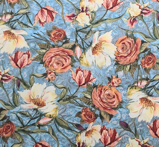 CP31300 Fleurs du Printemps Floral Packed - Sky Blue Fabric / Coral, Red, White and Green Floral Leaf Print