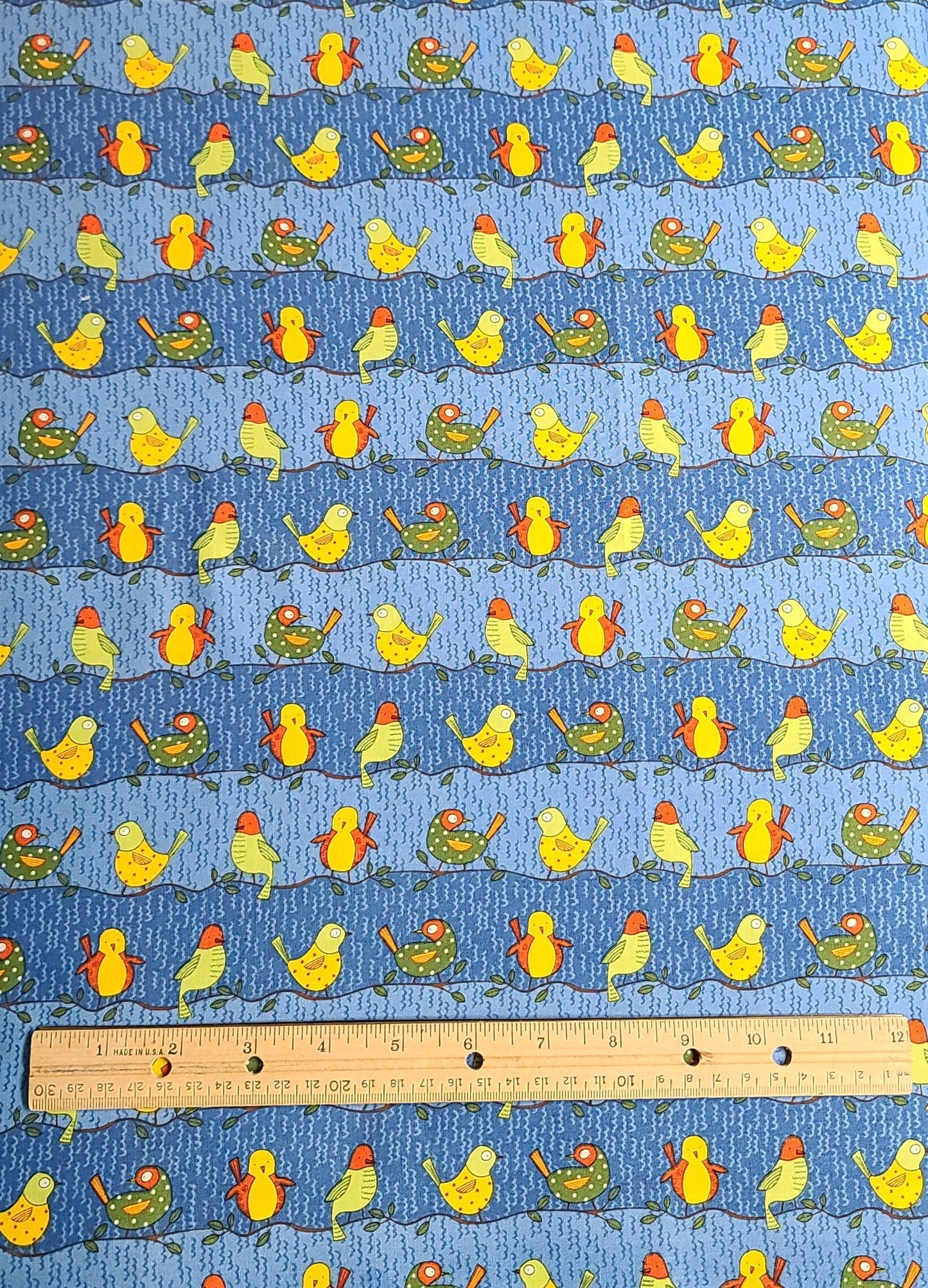 Debbie Mumm for JoAnn Fabric-Light Blue, Medium Blue Vertical Stripe (Parallel to Selv) Fabric / Red, Yellow, Green, Brown Birds on Branches