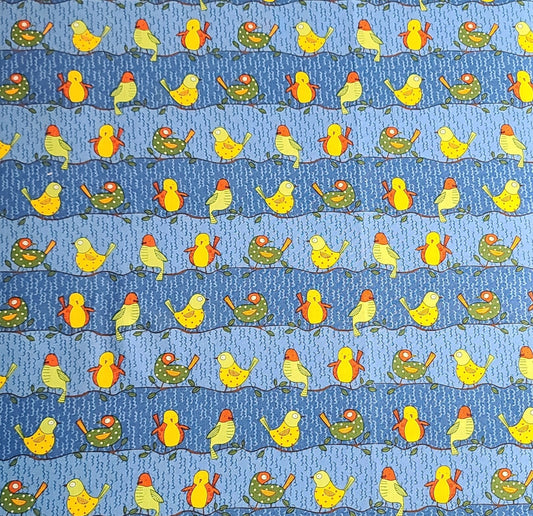 Debbie Mumm for JoAnn Fabric-Light Blue, Medium Blue Vertical Stripe (Parallel to Selv) Fabric / Red, Yellow, Green, Brown Birds on Branches