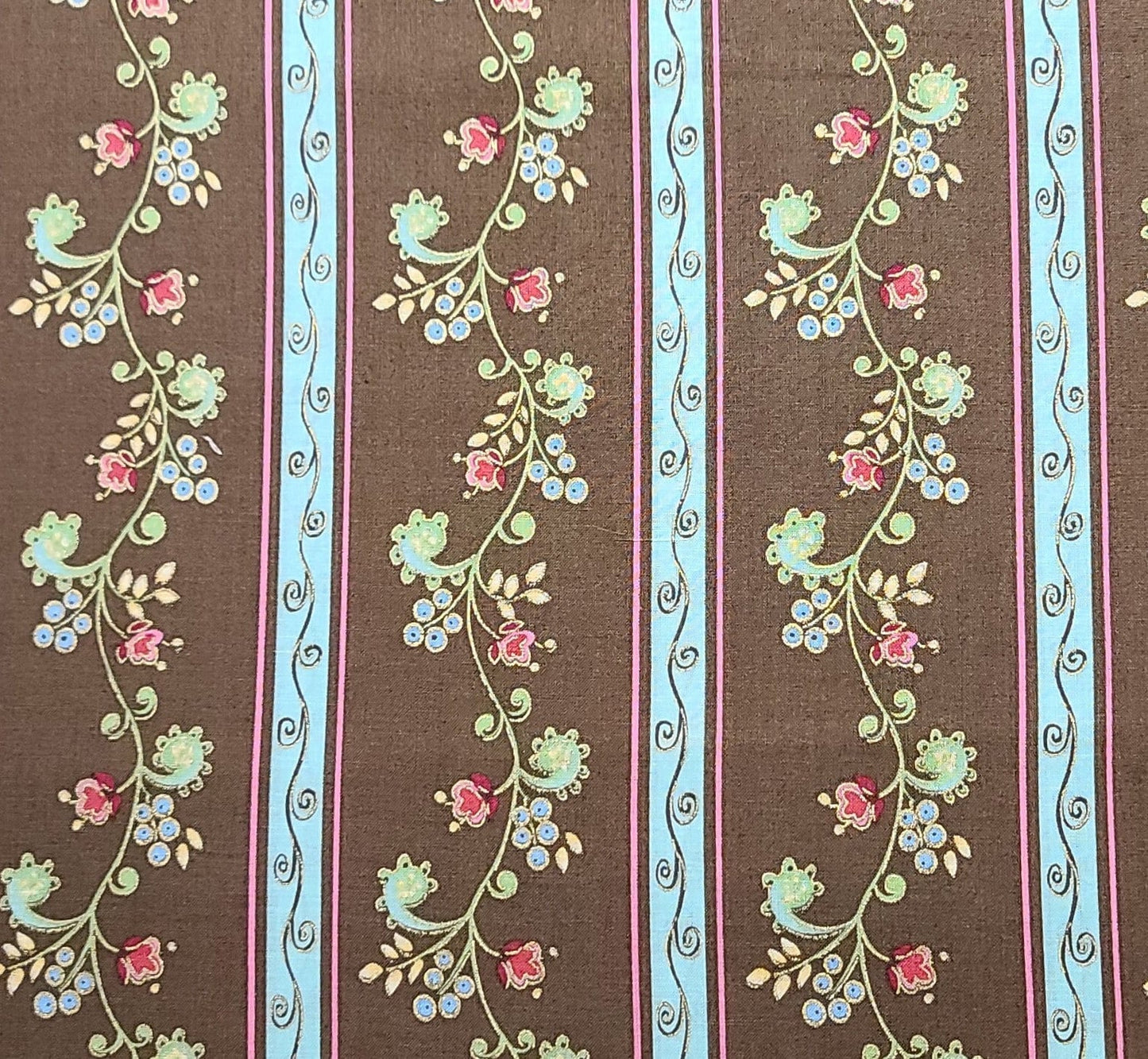 Marselles by Dana Designs 2010 Fabric Traditions Inc - Dark Brown, Light Turquoise, Red, Pale Blue Flower Vine Vertical Stripe Fabric