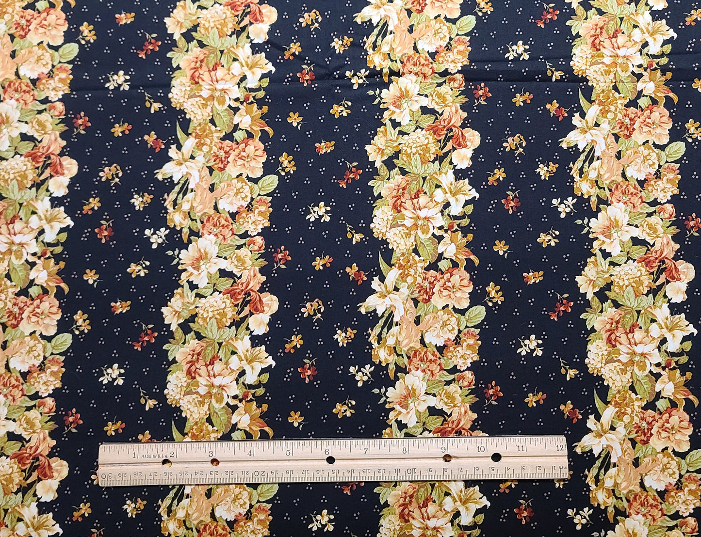 Vintage Garden Style C544 by Hoffman California Int'l Fabrics-Black Fabric / Gold, Pink, Red, Tan, Green Flower/Vine Vertical Stripe Fabric