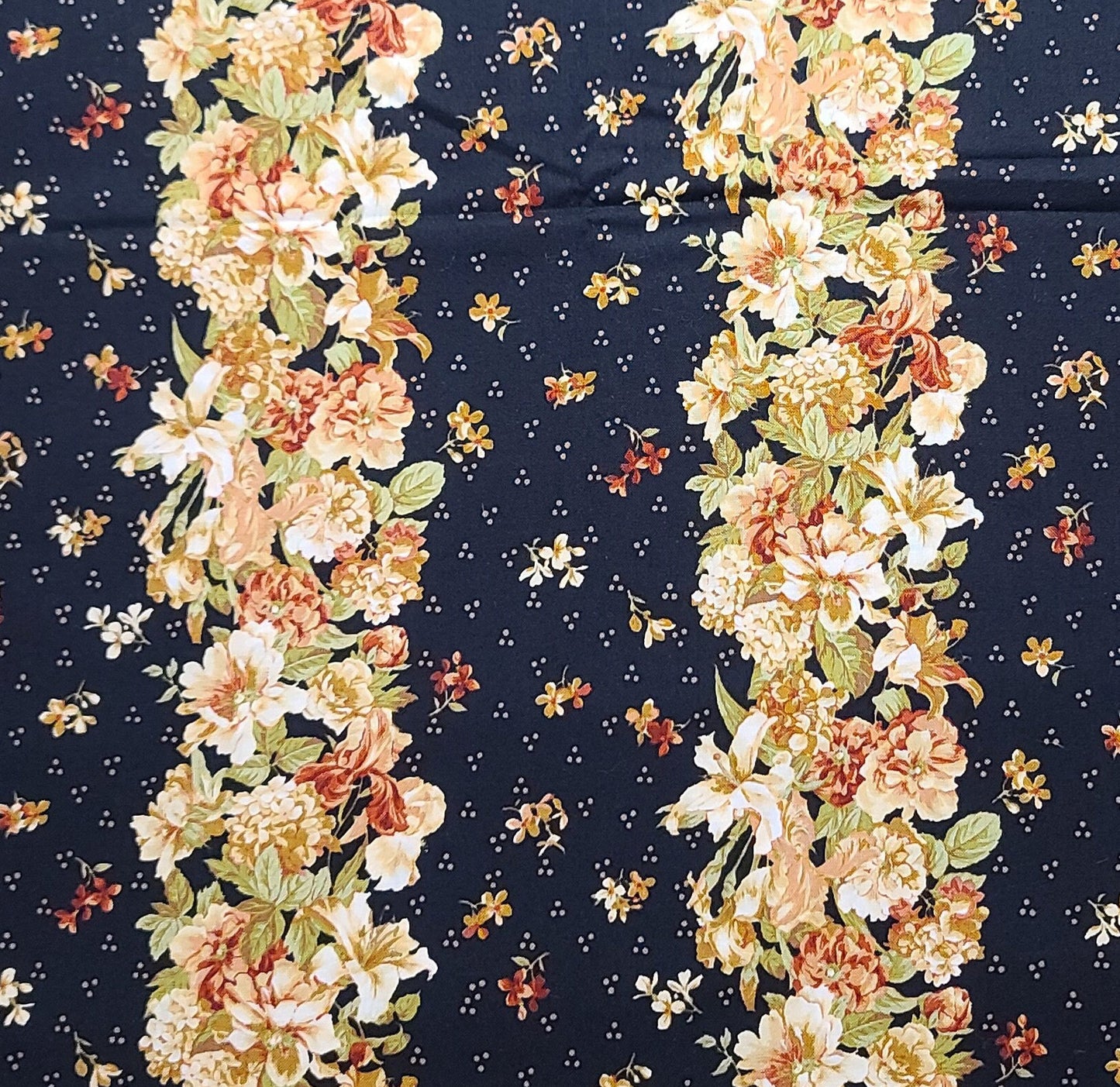 Vintage Garden Style C544 by Hoffman California Int'l Fabrics-Black Fabric / Gold, Pink, Red, Tan, Green Flower/Vine Vertical Stripe Fabric