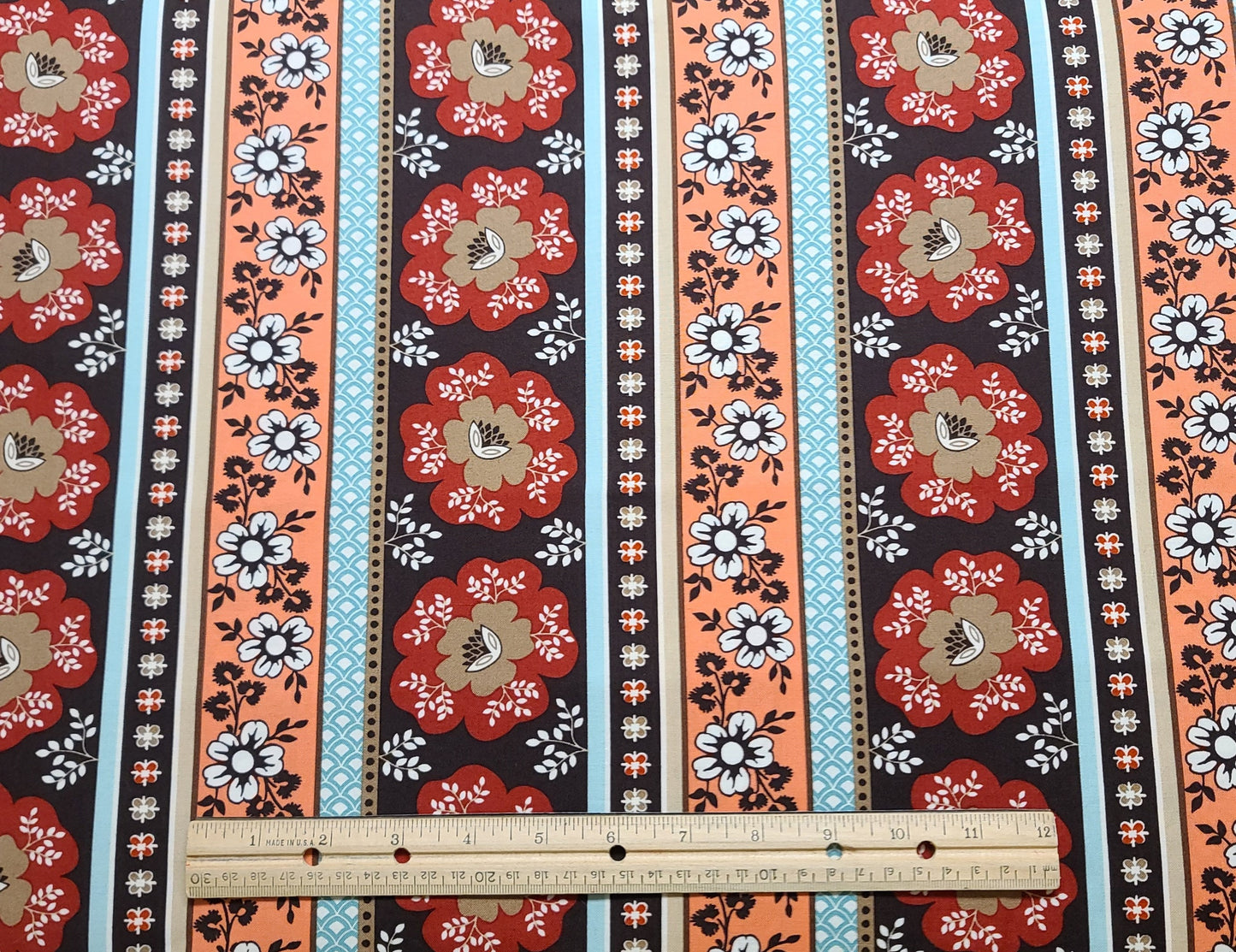 CX5549 Devon Stripe for JoAnn Fabric - Dark Brown, Salmon, Red, White and Aqua Retro Flower Vertical Stripe (Parallel to Selvage) Fabric