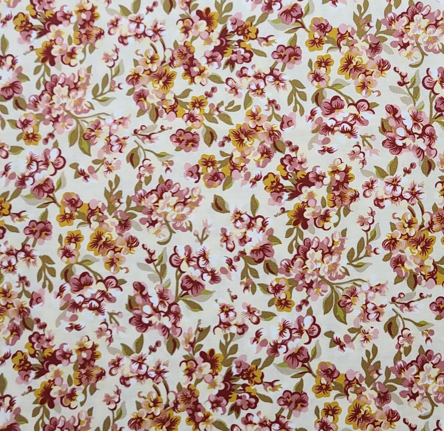 Celebrating Style Presents Cabin Fever by RJR Fabrics - Cream Fabric / Burgundy, Pink, Gold and Olive Flower Print