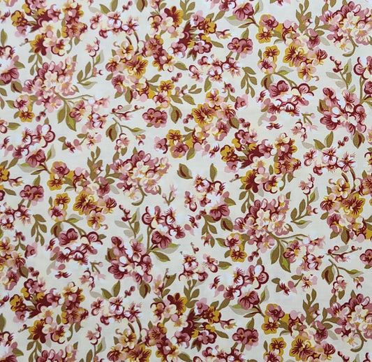 Celebrating Style Presents Cabin Fever by RJR Fabrics - Cream Fabric / Burgundy, Pink, Gold and Olive Flower Print