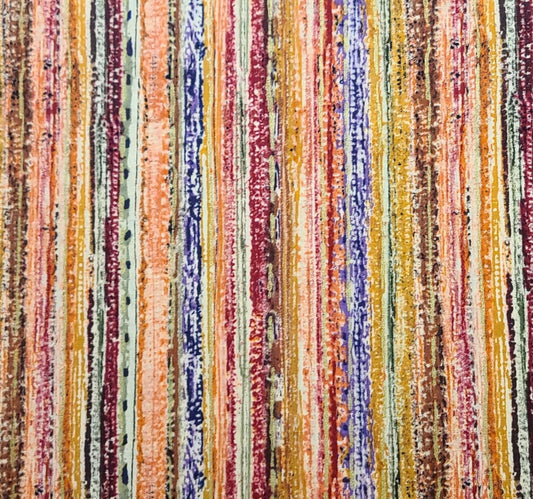 MBT - Coral, Purple, Gold, Burgundy and Green Striated Vertical Stripe (Parallel to Selvage) Fabric / Gold Metallic Accents