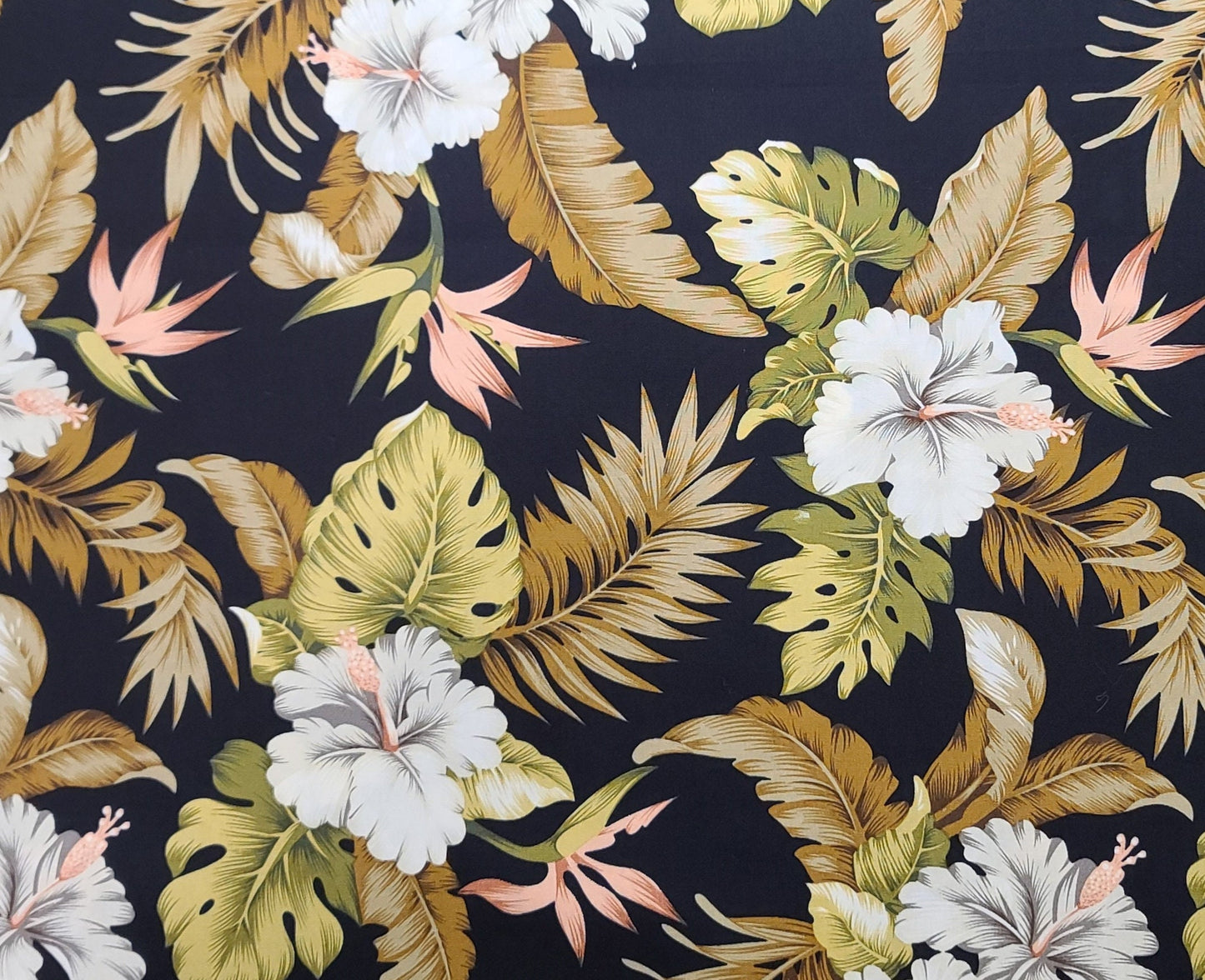 Printed by David Textiles Printex Fabrics Inc- Black Fabric / Gold, Green, White and Light Coral Tropical Flower Print