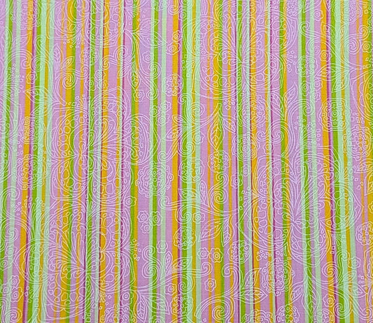 Pink, Bright Green, Orange, Raspberry, Pale Green Vertical Stripe (Parallel to Selvage) Fabric / White Flower Scroll Overlay