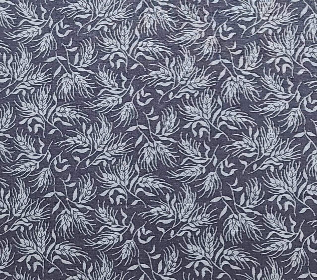 Medium Navy Fabric / Light Blue Wheat, Flower Pattern - Selvage to Selvage Print