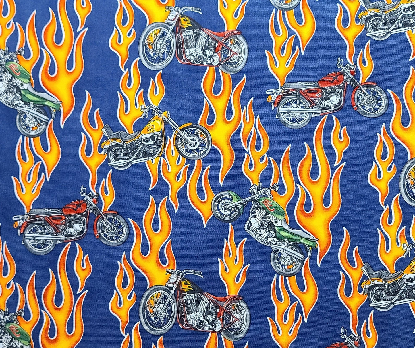 EOB - Robert Kaufman Movin' On D#7128 - Dark Blue Fabric / Orange and Yellow Flame /  Red and Green Motorcycle Print