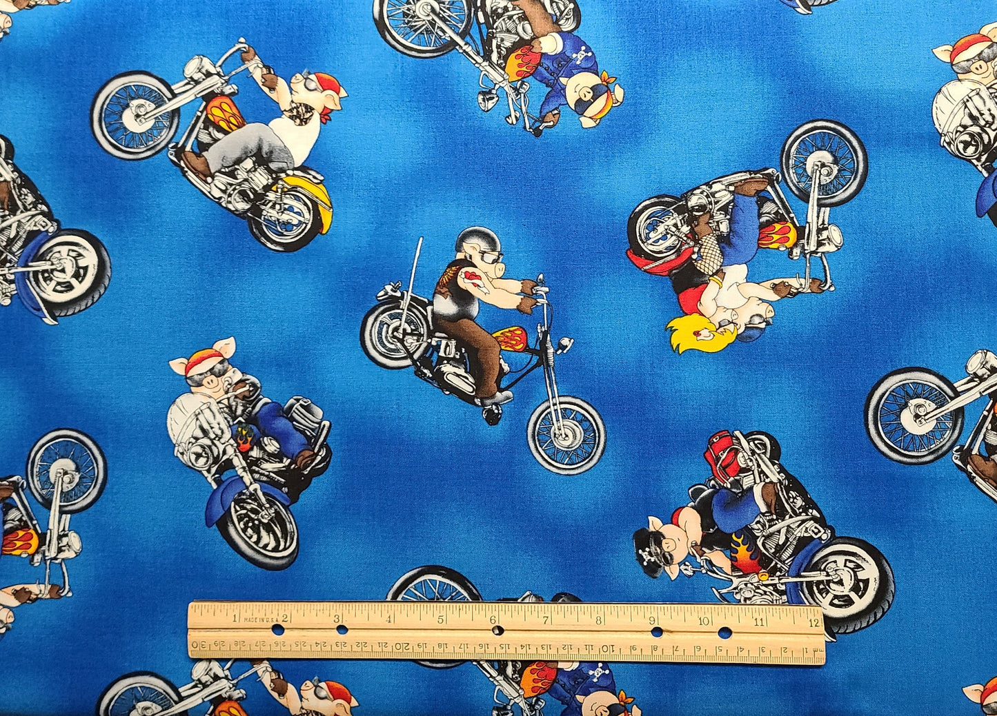 Timeless Treasures Fabrics of SoHo LLC Patt#FUN-C9811 - Medium Blue Tonal Fabric / Cartoon Hogs on Motorcycles