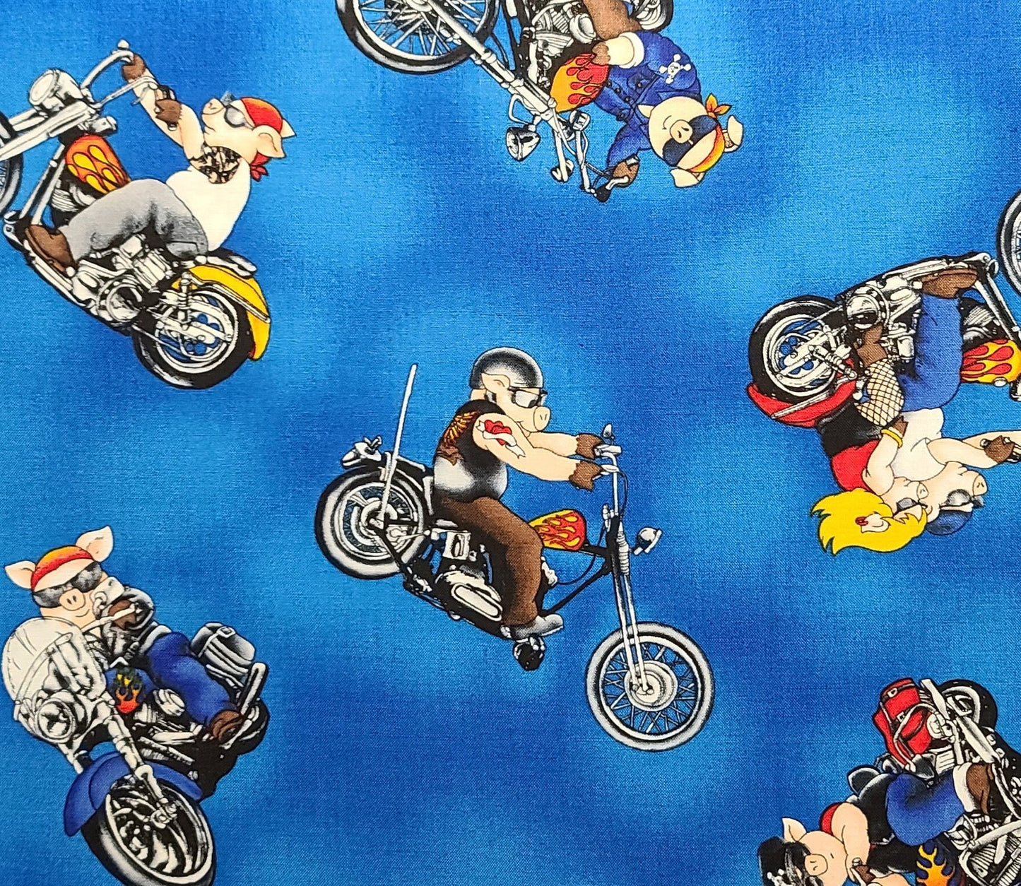 Timeless Treasures Fabrics of SoHo LLC Patt#FUN-C9811 - Medium Blue Tonal Fabric / Cartoon Hogs on Motorcycles