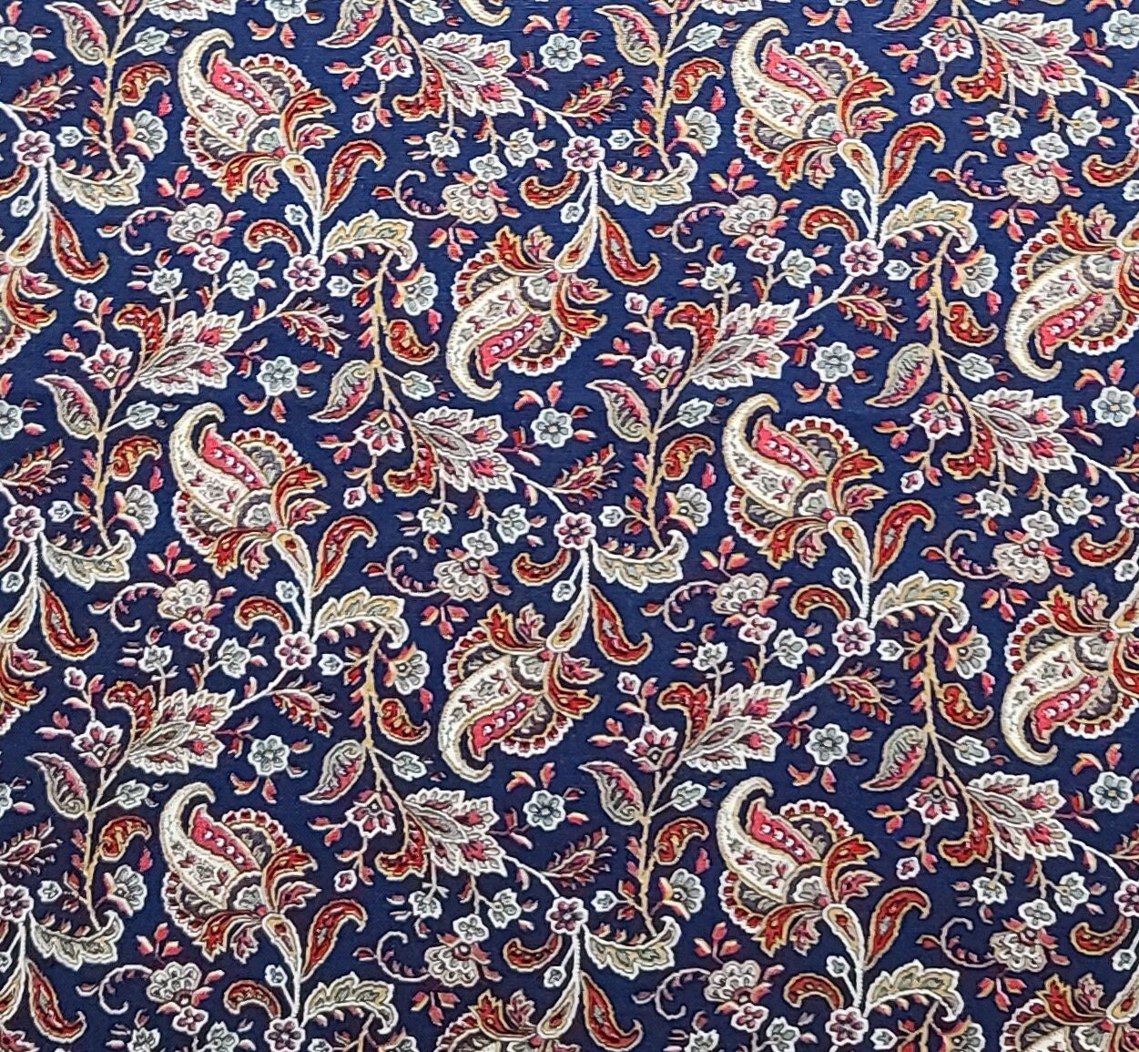 Dark Blue Fabric / Dark Red, White, Gold and Green Paisley and Flower Print - Selvage to Selvage Print