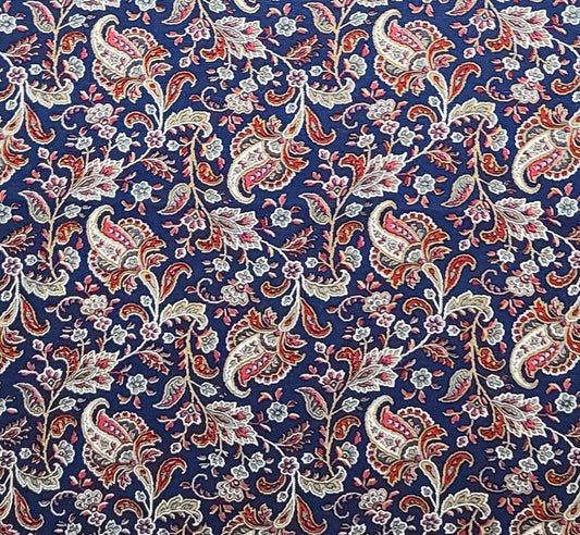 Dark Blue Fabric / Dark Red, White, Gold and Green Paisley and Flower Print - Selvage to Selvage Print