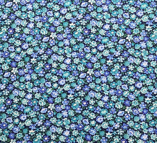 VIP Cranston Print Works - Dark Blue Fabric / Teal, Aqua, Periwinkle Allover Flower Print