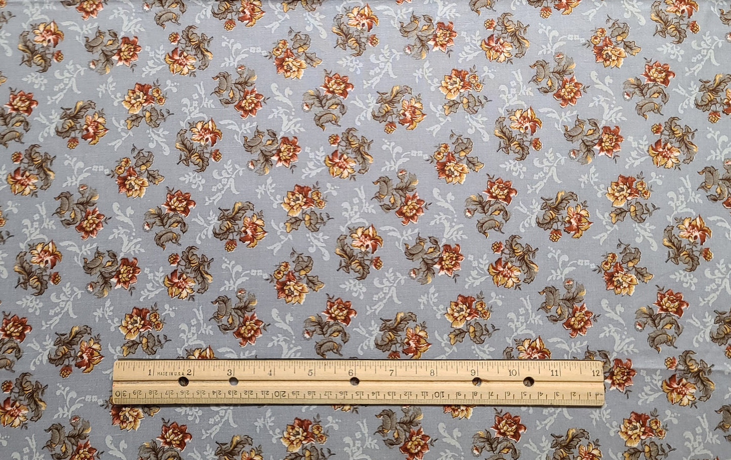 Light Gray Fabric / Pale Gray Filigree / Rust, Gold, White and Taupe Tossed Flower Print - Selvage to Selvage Print