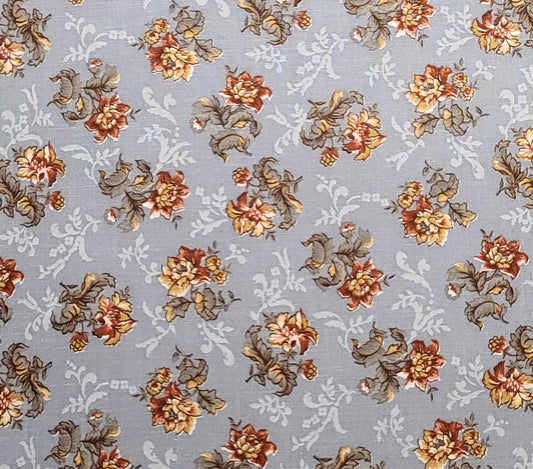 Light Gray Fabric / Pale Gray Filigree / Rust, Gold, White and Taupe Tossed Flower Print - Selvage to Selvage Print