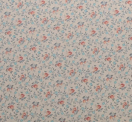 Peter Pan Fabrics Inc - Soft Coral Fabric / Reproduction Style Coral, Aqua and Slate Flower and Vine Print