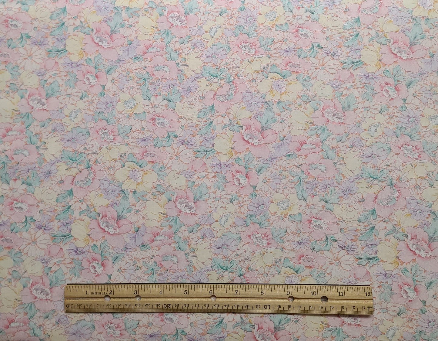 EOB - Pink, Yellow, Teal, Green and White Pastel Floral Print Fabric - Selvage to Selvage Print