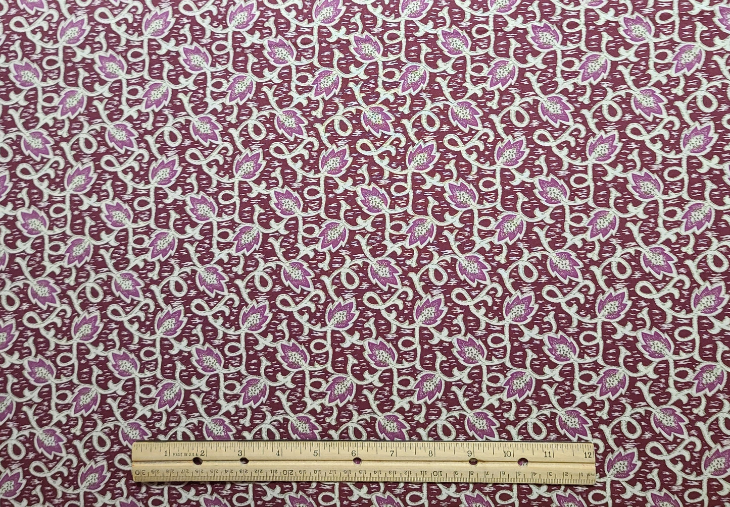 Cranston Print Works - Millworth Fabrics USA - White, Burgundy, Rose and Olive Fabric / Leaf and Vine Print