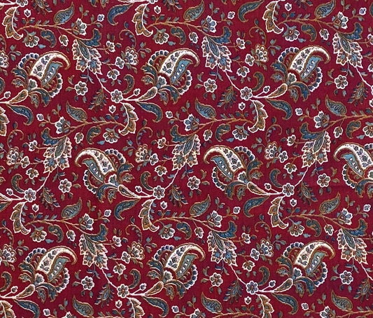 EOB - Joan Kessler for Concord Fabrics Inc - Dark Red Fabric / Teal, Aqua, Antique Gold, White Paisley Floral Print