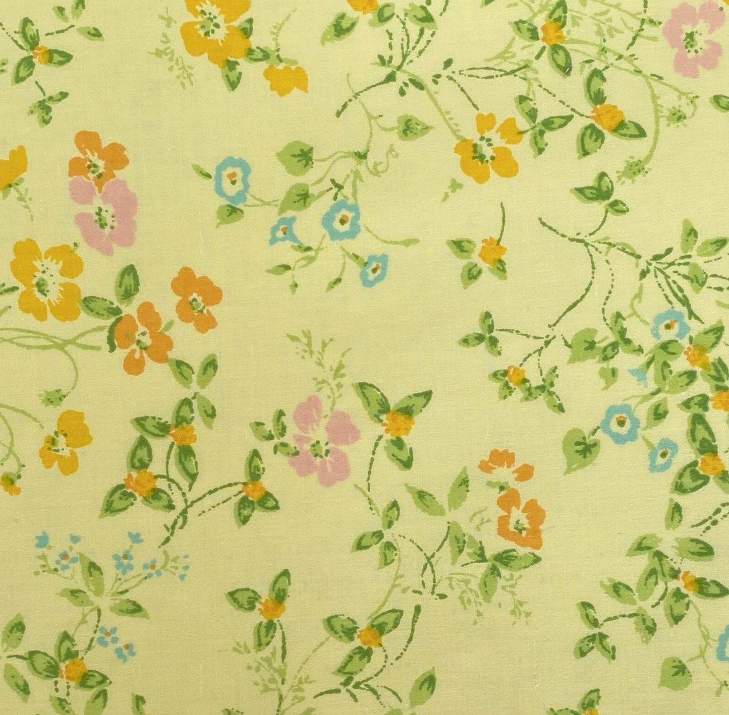 Yellow Fabric / Bright Yellow, Pink and Blue Flowers / Green and Light Green Leaves and Stems