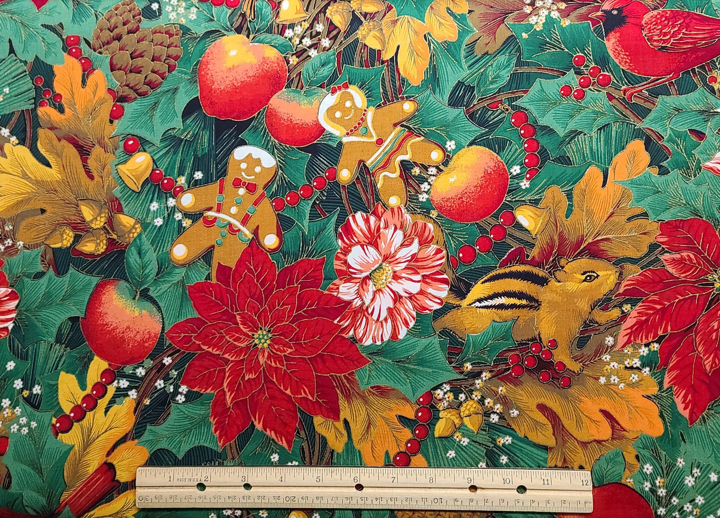 EOB - 1993 Concord Fabrics Inc Jan Kessler-Green, Red, Black, Tan Fabric/Poinsettia, Acorn, Oak Leaf, Chipmunk, Gingerbread Man, Leaf Print