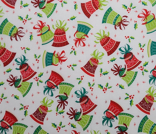 EOB - Keepsake Calico JoAnn Fabric - White Fabric / Vintage Style Bell, Holly and Star Print / Red, Green, Pink