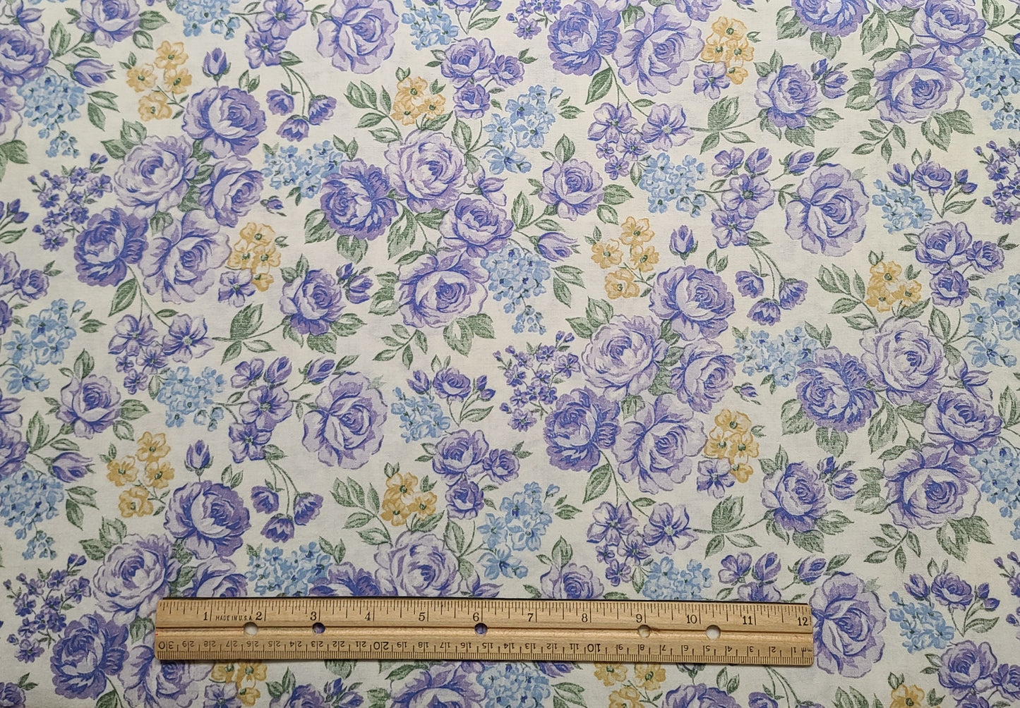 White 60" WIDE Fabric / Purple, Pastel Blue, Gold Flower Print - Selvage to Selvage Print