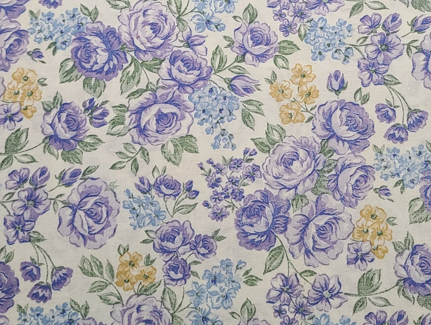 White 60" WIDE Fabric / Purple, Pastel Blue, Gold Flower Print - Selvage to Selvage Print