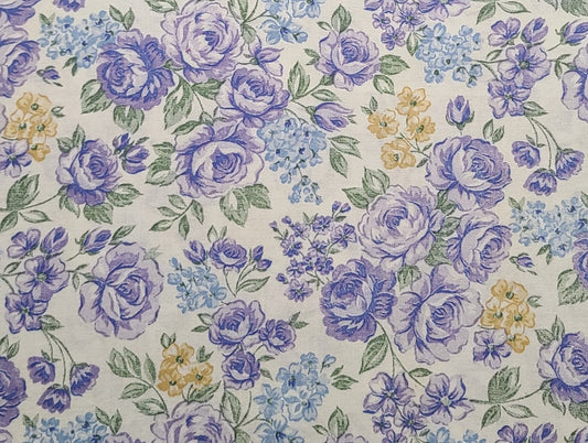 White 60" WIDE Fabric / Purple, Pastel Blue, Gold Flower Print - Selvage to Selvage Print