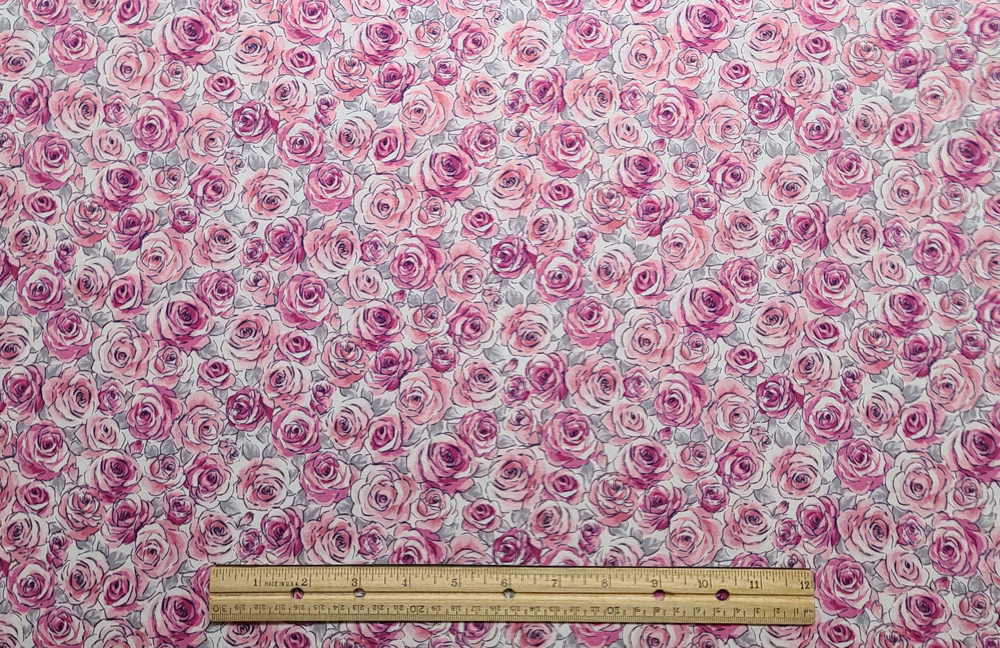 Andover Fabrics 2018 Patt #8891 - White Fabric / Dark Pink, Pink and Gray Rose Print