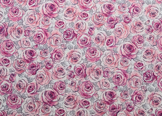 Andover Fabrics 2018 Patt #8891 - White Fabric / Dark Pink, Pink and Gray Rose Print