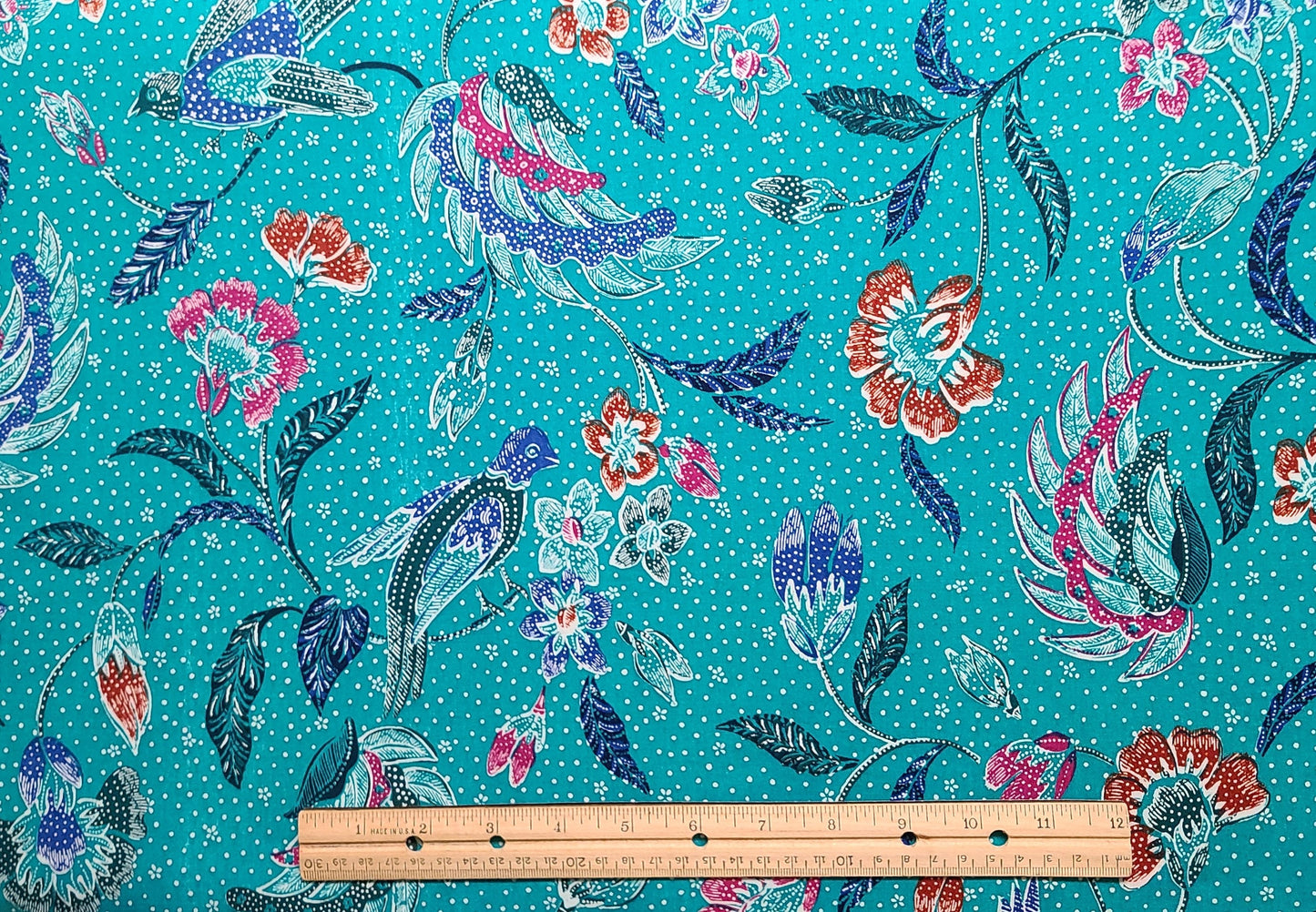 Teal Fabric / Purple, Rust, Black, Raspberry Bird and Flower Print / White Pin Dot and Flower Background