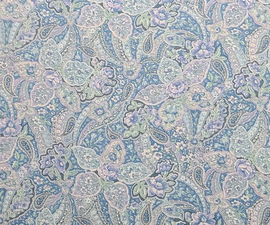 Peter Pan Fabrics Inc - Lavender, Pale Blue, Medium Blue and White Allover Paisley and Flower Print Fabric