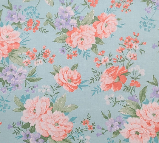 Pale Blue Fabric / Pink, Lavender and Green Vintage Flower Print - Selvage to Selvage Print