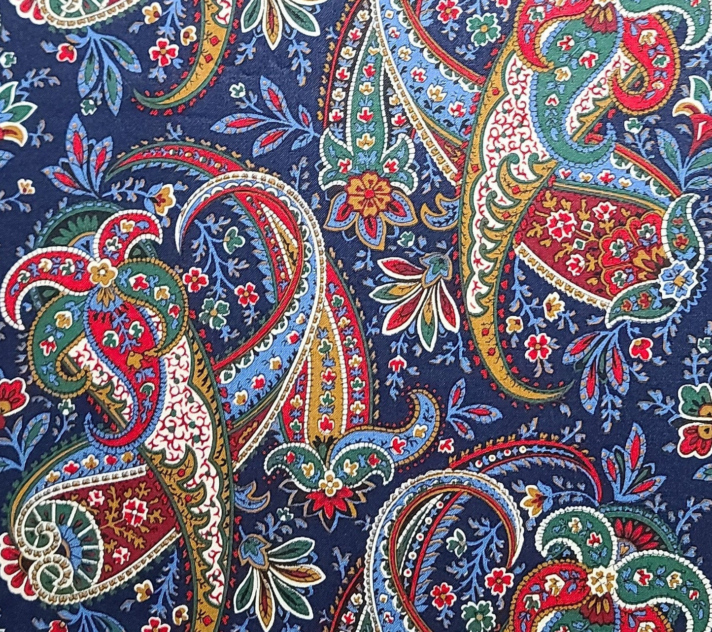 VIP Cranston Print Works - Dark Blue Fabric / Green, Red, Dark Red, Medium Blue and Gold Paisley and Flower Print