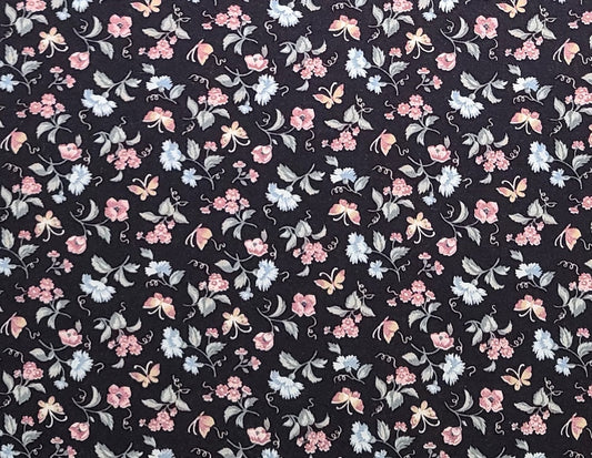 Black Fabric / Rose, Mint and Gold Flower Print - Selvage to Selvage Print