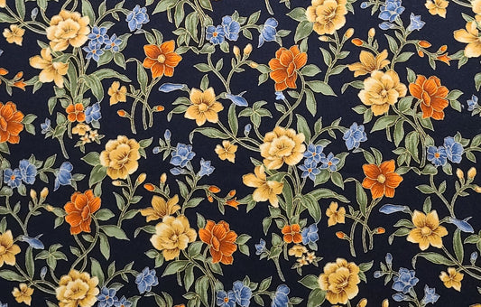 Fabric Traditions 2005 - Black Fabric / Cream, Tan, Burnt Orange, Blue, Green Flower Print / Gold Metallic Accents