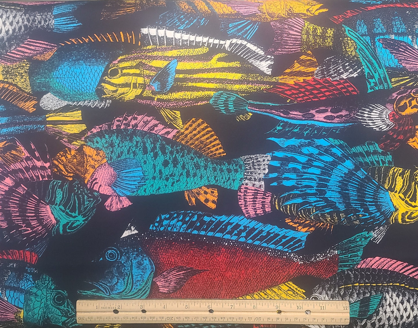 Jewel of the Amazon by Hoffman International Fabric - Black Fabric / Brightly Colored Amazonian Fish / Yellow, Orange, Red, Blue, Pink