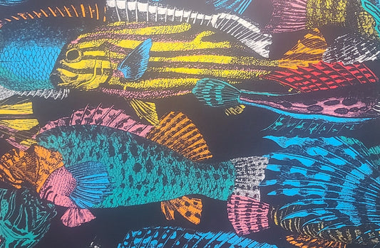 Jewel of the Amazon by Hoffman International Fabric - Black Fabric / Brightly Colored Amazonian Fish / Yellow, Orange, Red, Blue, Pink