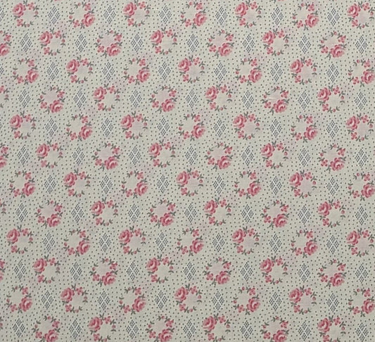 Cream Fabric / Reproduction Style Victorian Pink, Green, Slate Blue Flower and Pin Dot Diamond Pattern - Selvage to Selvage Print