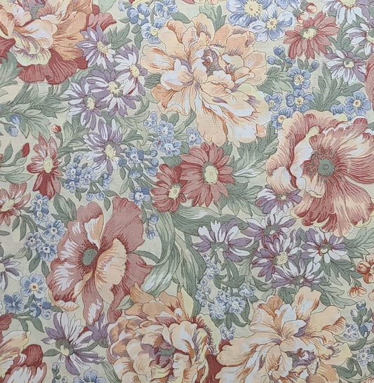 EOB - Joan Kessler for Concord Fabrics Inc - Soft White Fabric / Rust, Cream, Green, Lavender Vintage Floral Print