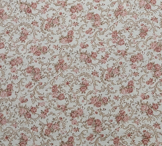 Peter Pan Fabrics Inc - Soft White Fabric / Light Rose Flower Print / Tan Filigree Vine Victorian Reproduction Style Print