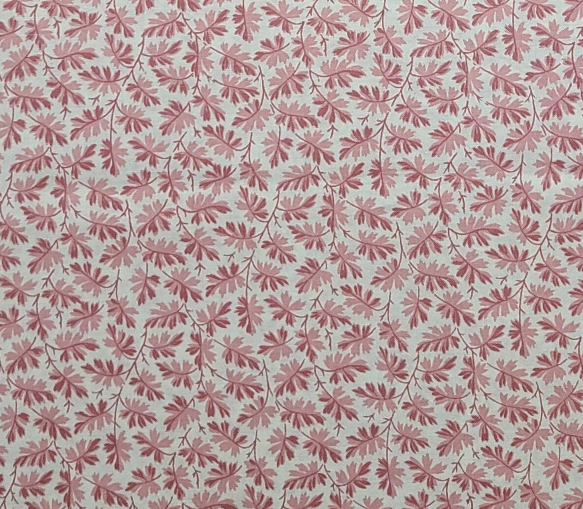 White Fabric / Light and Dark Pink Tonal Leaf and Vine Print