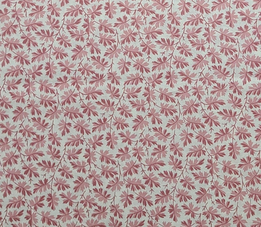 White Fabric / Light and Dark Pink Tonal Leaf and Vine Print