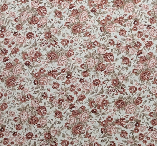 Peter Pan Fabrics Inc  - White Fabric / Dusty Pink, Maroon and Khaki Flower Print