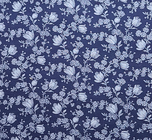 EOB - Joan Kessler for Concord Fabrics Inc  - Dark Blue Fabric / Tonal Silhouette Flower Vine Print