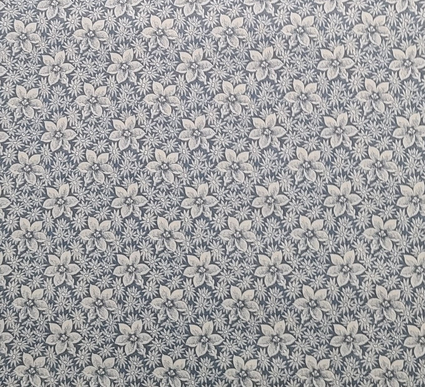 Slate Blue Fabric / White Flower Print - Selvage to Selvage Print
