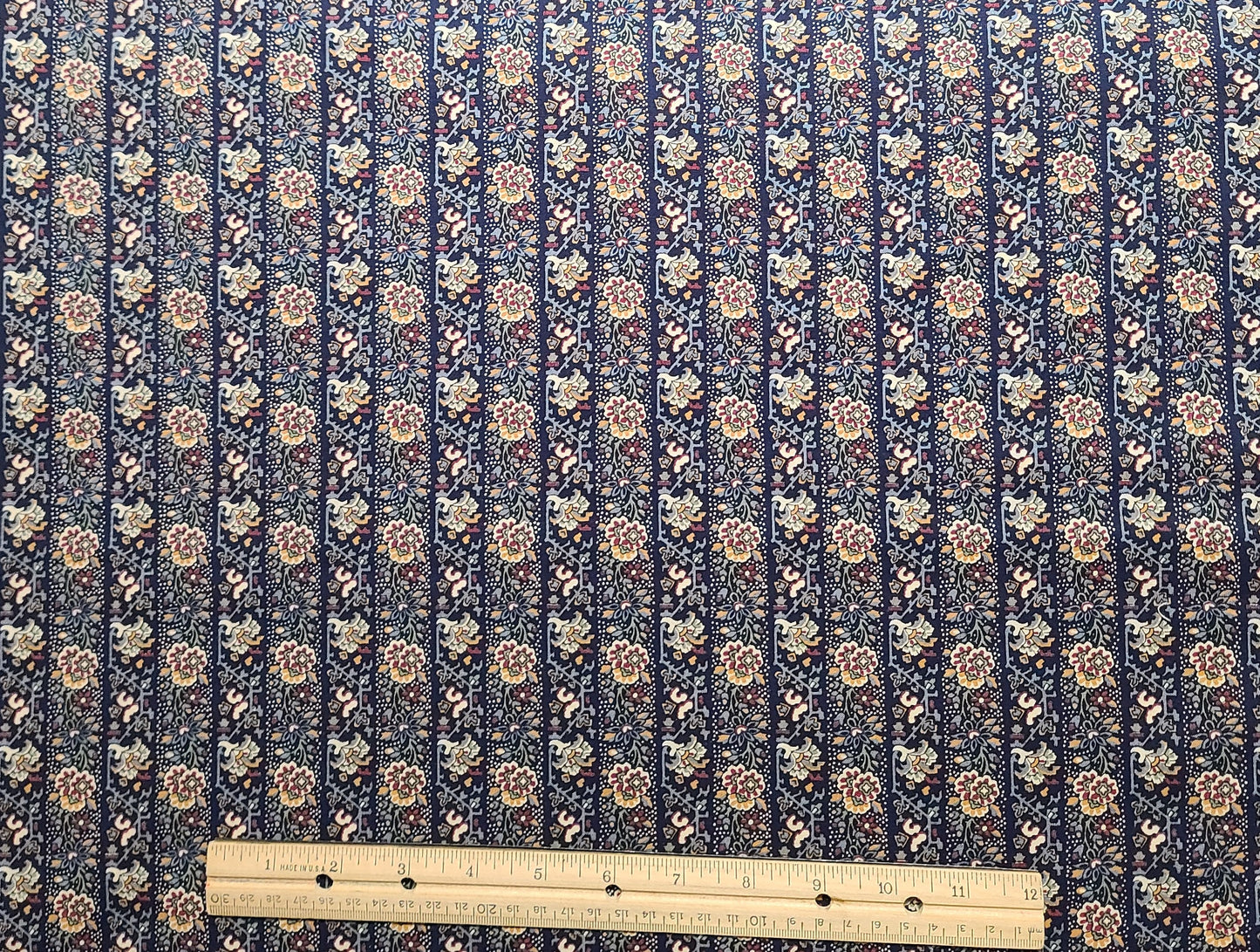 Fabric Country - Dark Blue, Cream, Maroon, Gold, Slate Blue Flower Vertical Stripe (Parallel to Selvage) Fabric